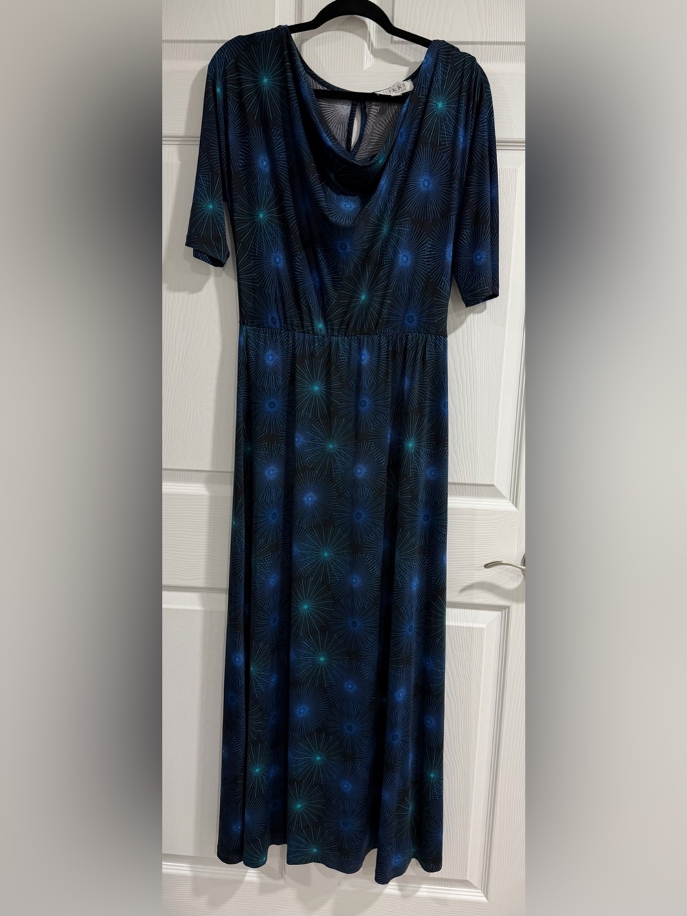 Nikki Poulos Navy Blue Patterned Maxi Dress with Cowl Neck